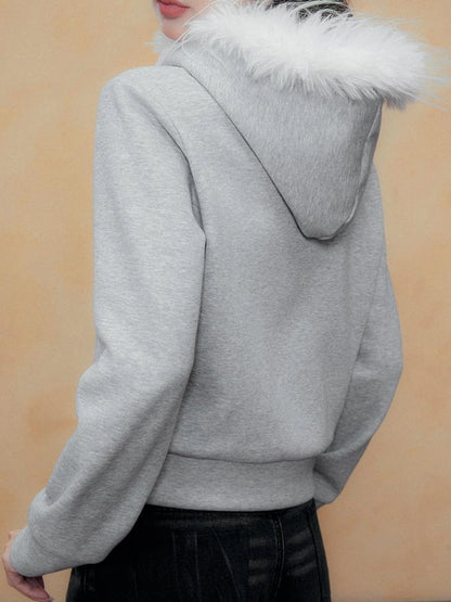 DKZ OFFICIAL Grey Fleece Hooded Jacket With Fur Trim