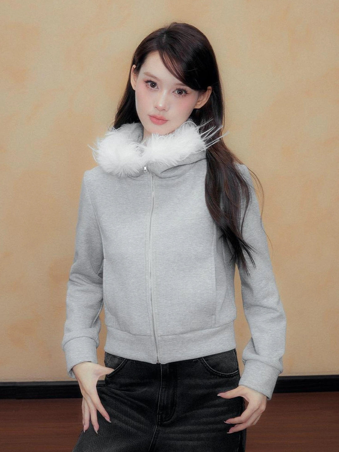 DKZ OFFICIAL Grey Fleece Hooded Jacket With Fur Trim