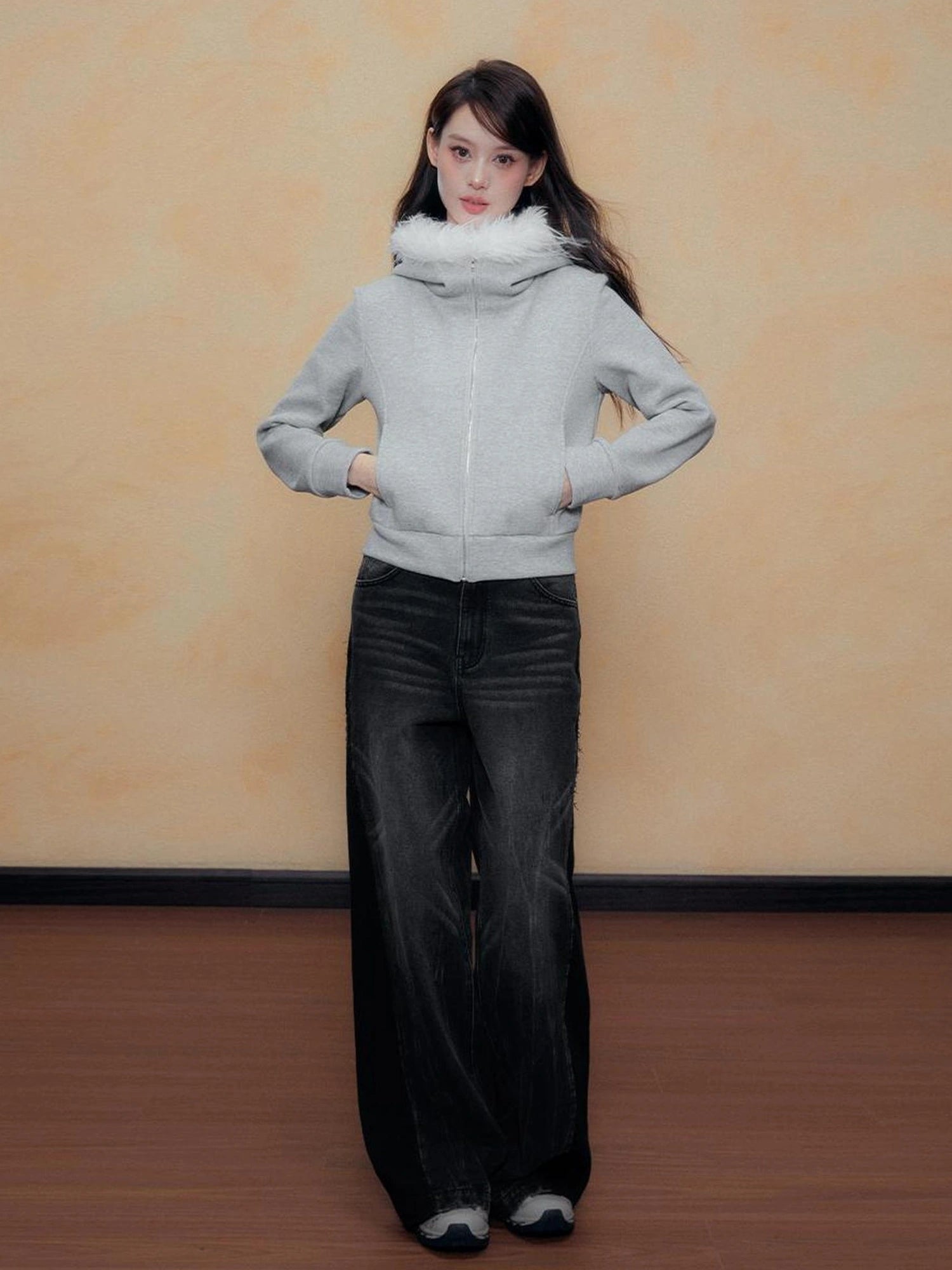 DKZ OFFICIAL Grey Fleece Hooded Jacket With Fur Trim