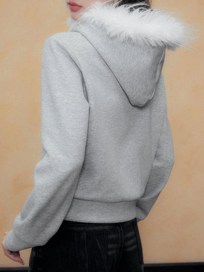 DKZ OFFICIAL Grey Fleece Hooded Jacket With Fur Trim