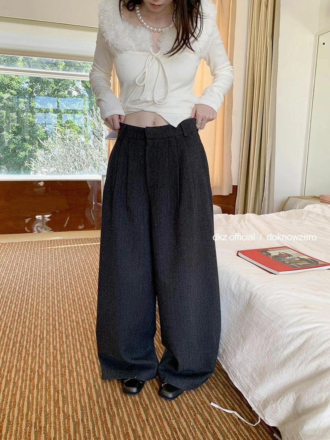 DKZ OFFICIAL Grey Herringbone Wool Blend Wide Leg Trousers