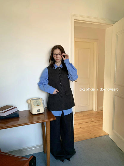 DKZ OFFICIAL Grey Herringbone Wool Blend Wide Leg Trousers