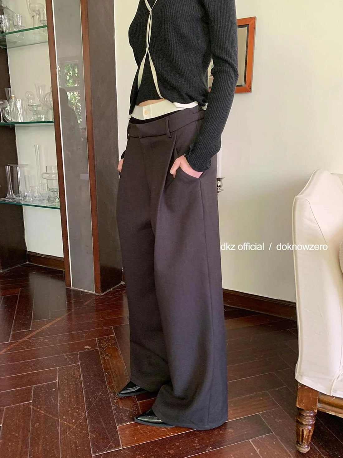 DKZ OFFICIAL Grey High Waisted Pleated Wide Leg Trousers