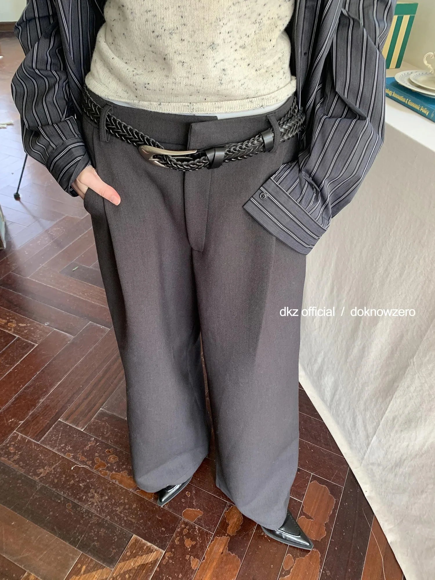 DKZ OFFICIAL Grey High Waisted Pleated Wide Leg Trousers