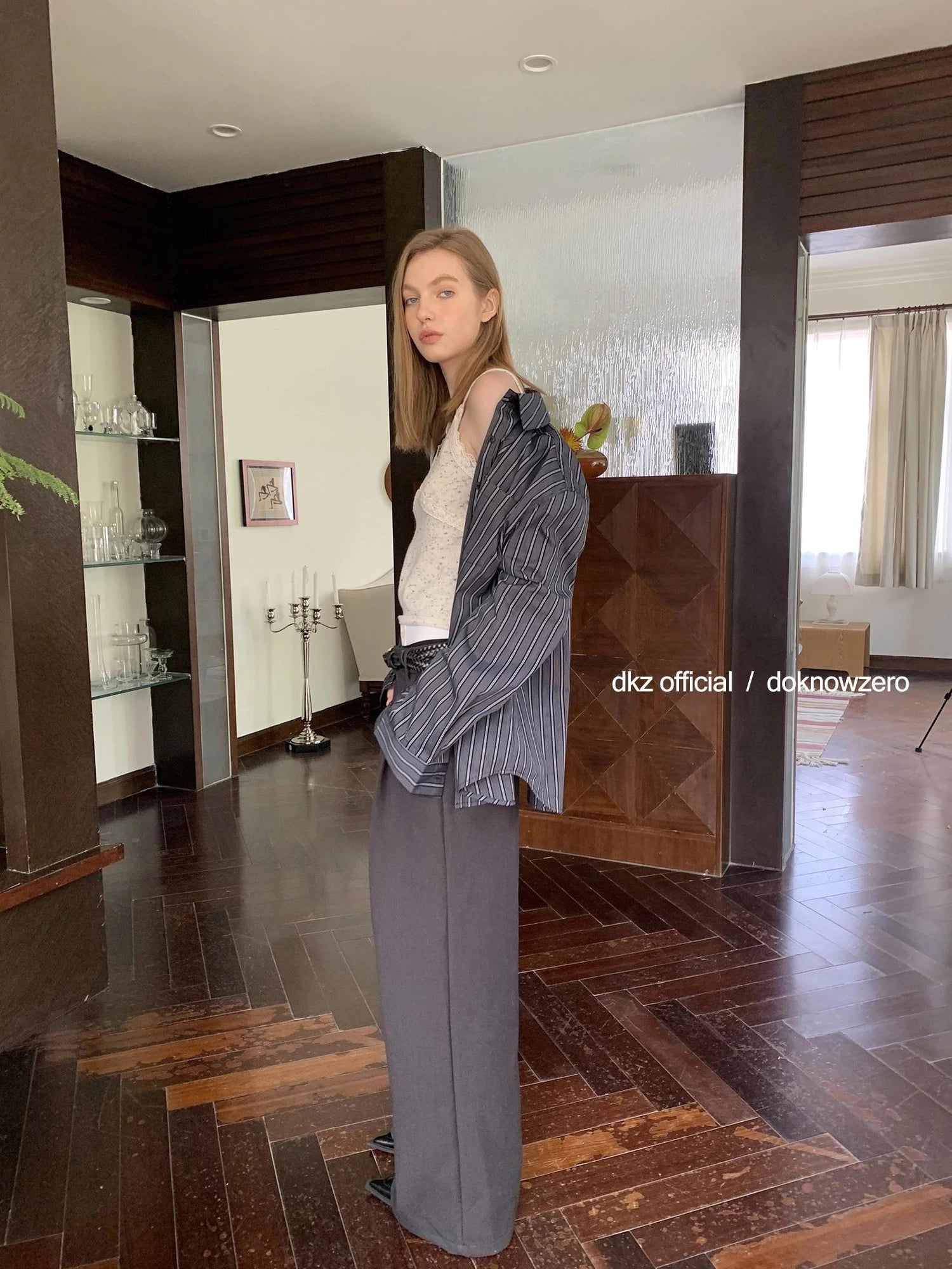 DKZ OFFICIAL Grey High Waisted Pleated Wide Leg Trousers
