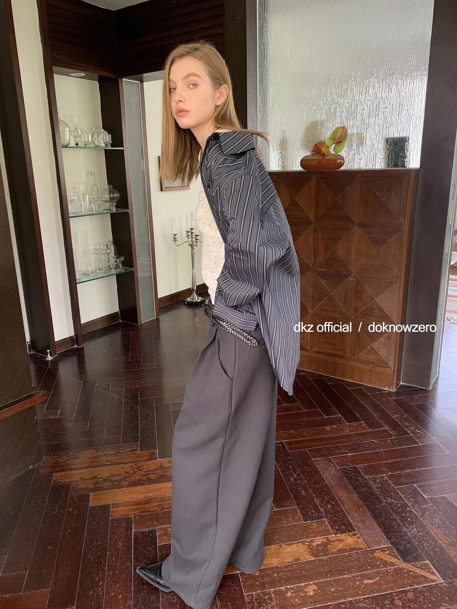DKZ OFFICIAL Grey High Waisted Pleated Wide Leg Trousers