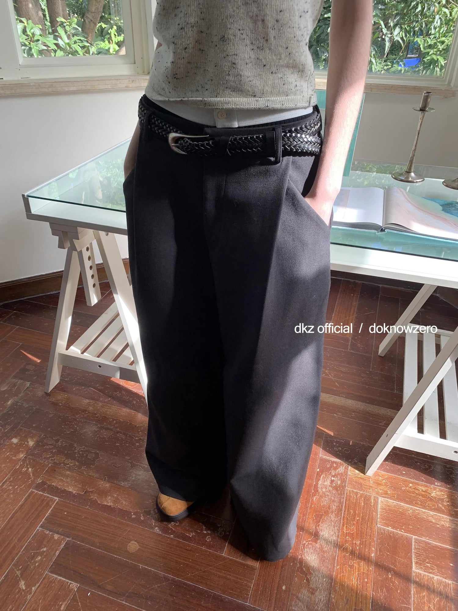 DKZ OFFICIAL Grey High Waisted Pleated Wide Leg Trousers