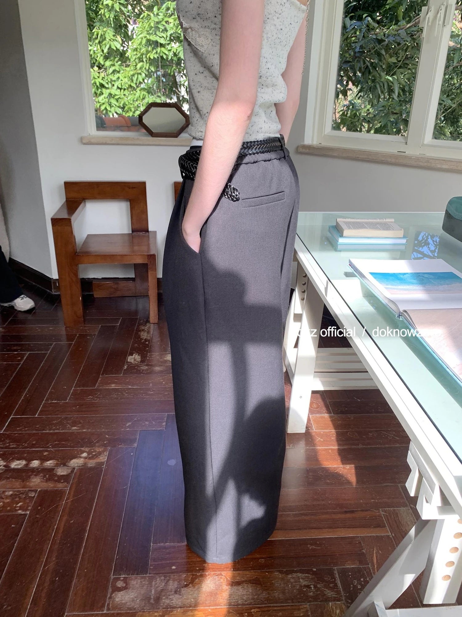 DKZ OFFICIAL Grey High Waisted Pleated Wide Leg Trousers