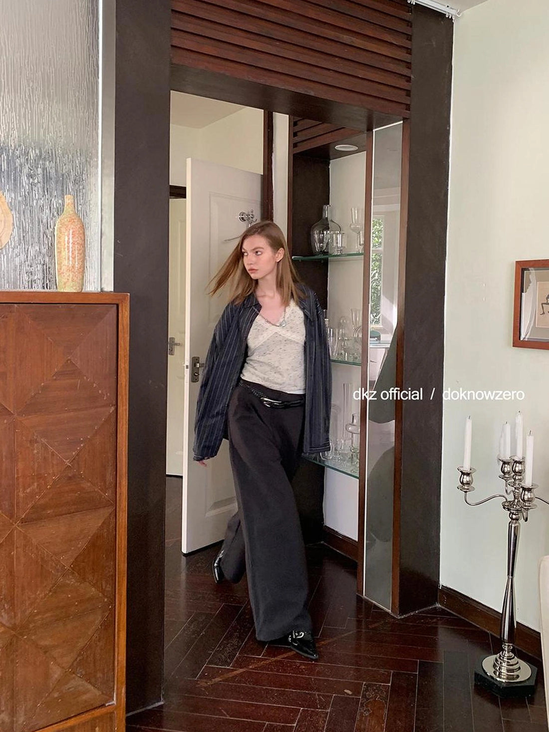 DKZ OFFICIAL Grey High Waisted Pleated Wide Leg Trousers