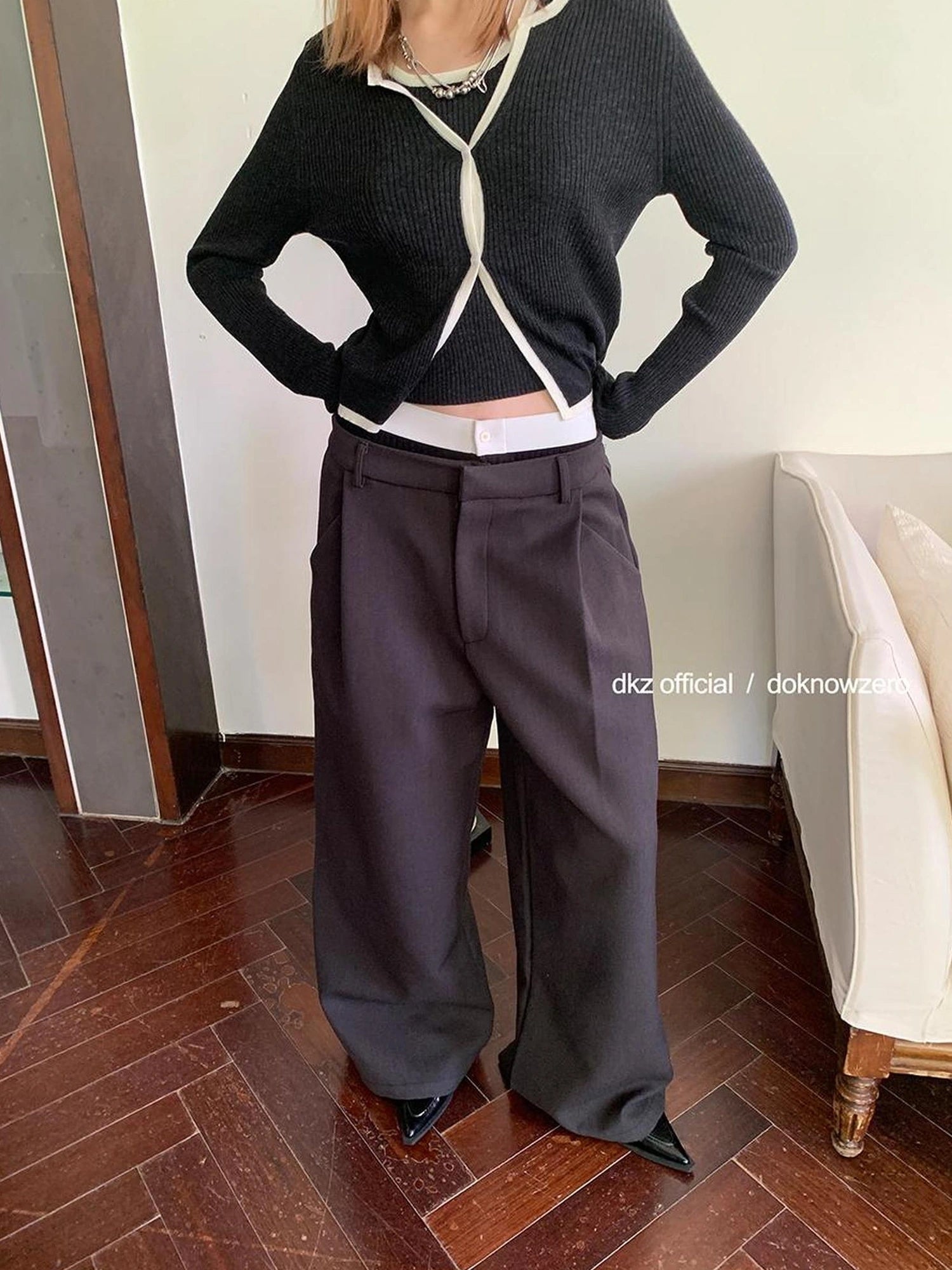DKZ OFFICIAL Grey High Waisted Pleated Wide Leg Trousers