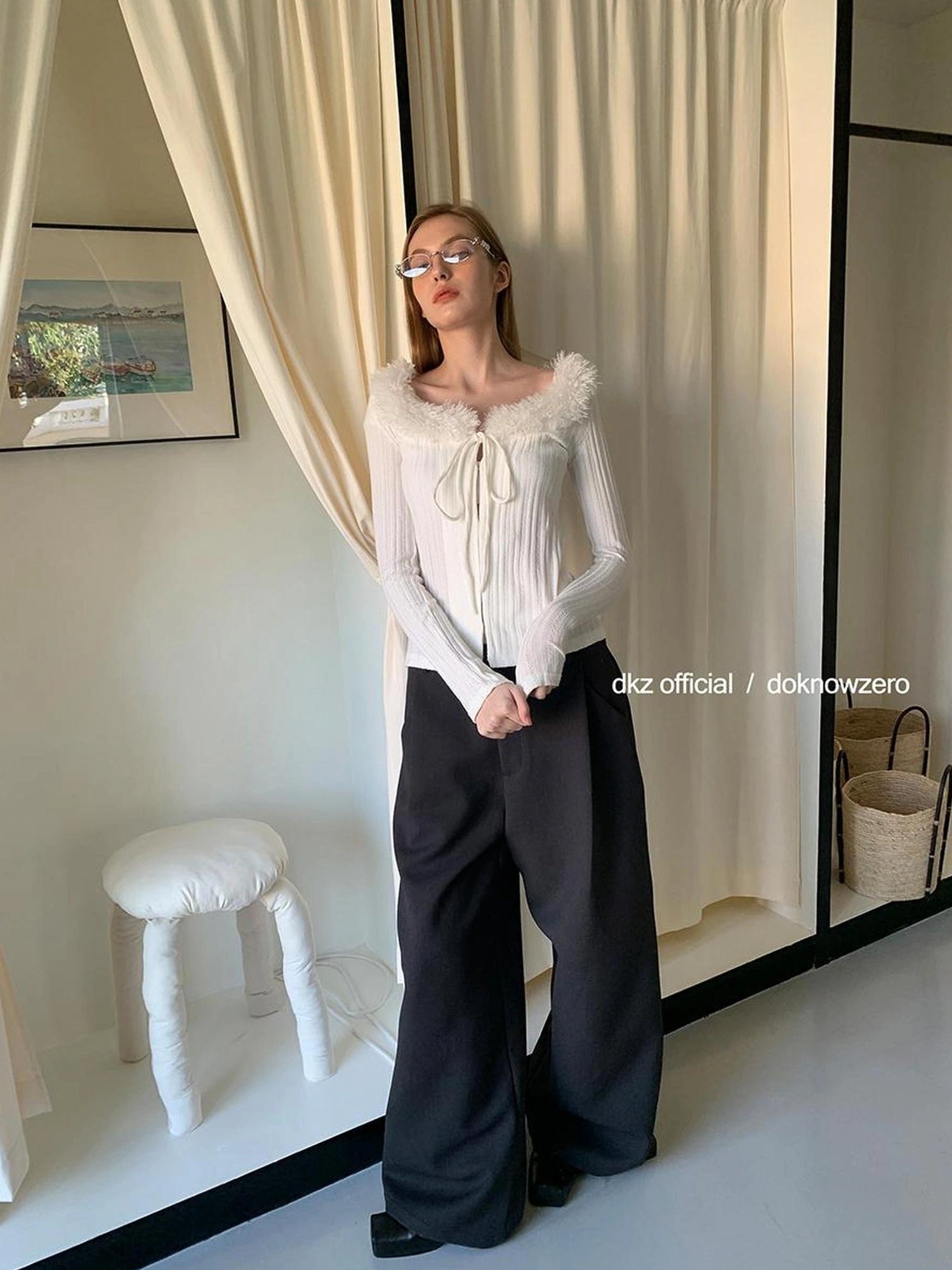 DKZ OFFICIAL Grey High Waisted Pleated Wide Leg Trousers