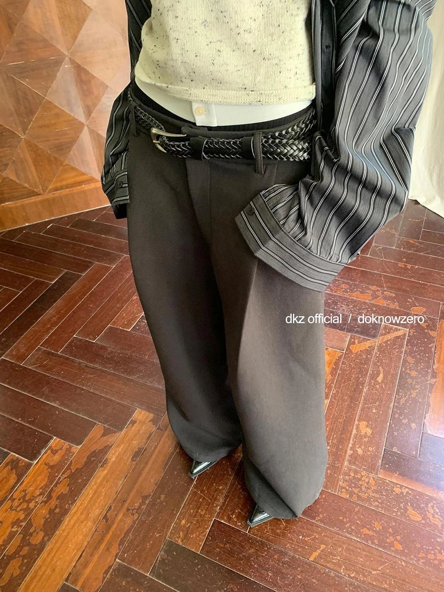 DKZ OFFICIAL Grey High Waisted Pleated Wide Leg Trousers