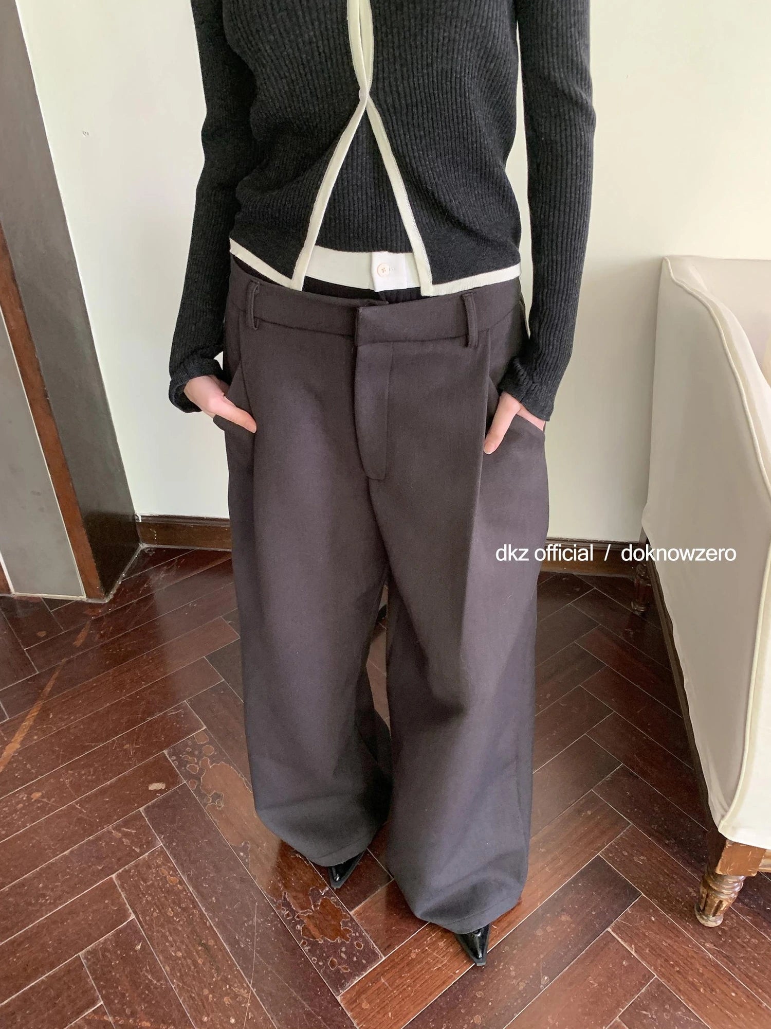 DKZ OFFICIAL Grey High Waisted Pleated Wide Leg Trousers