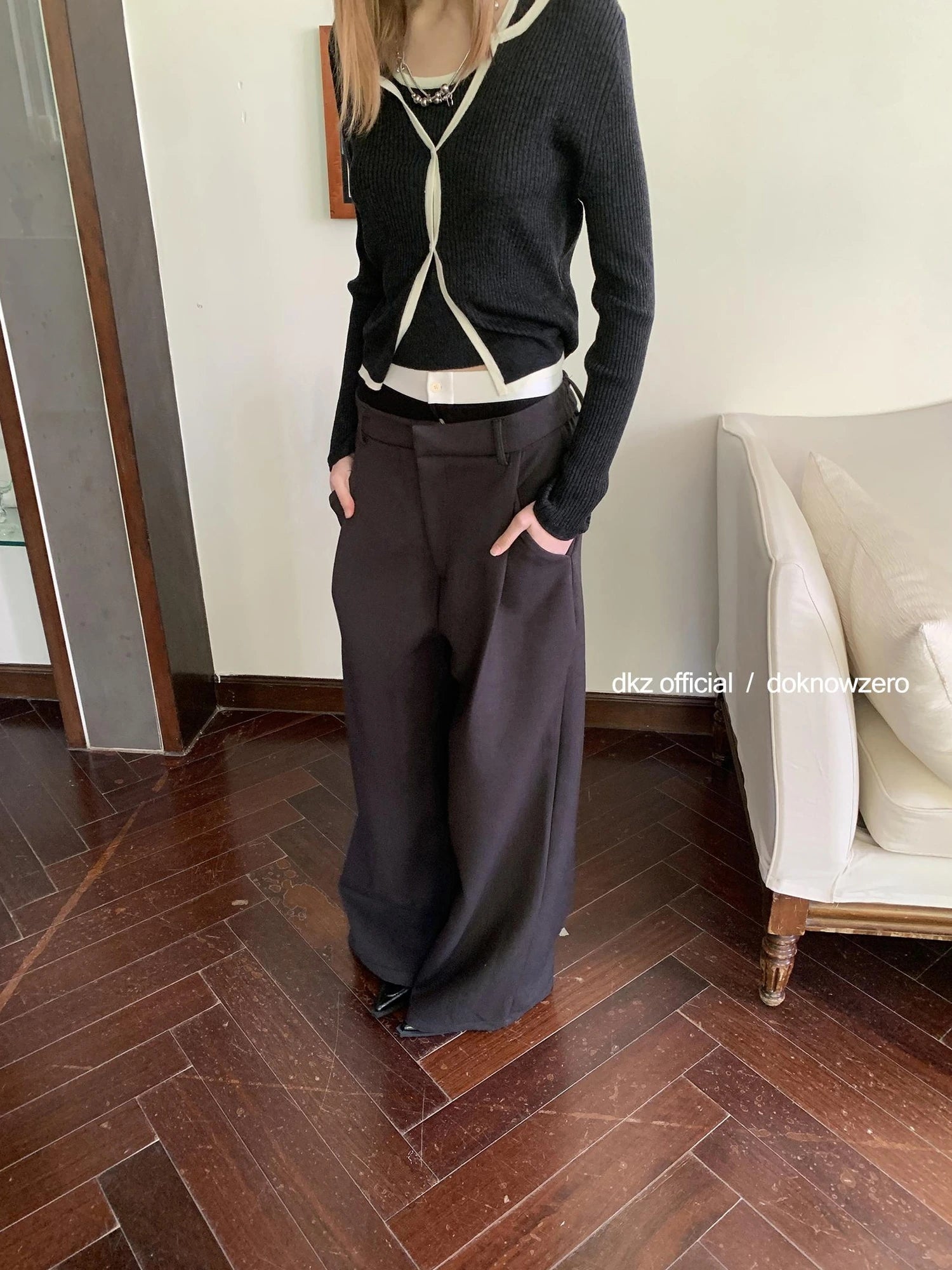 DKZ OFFICIAL Grey High Waisted Pleated Wide Leg Trousers