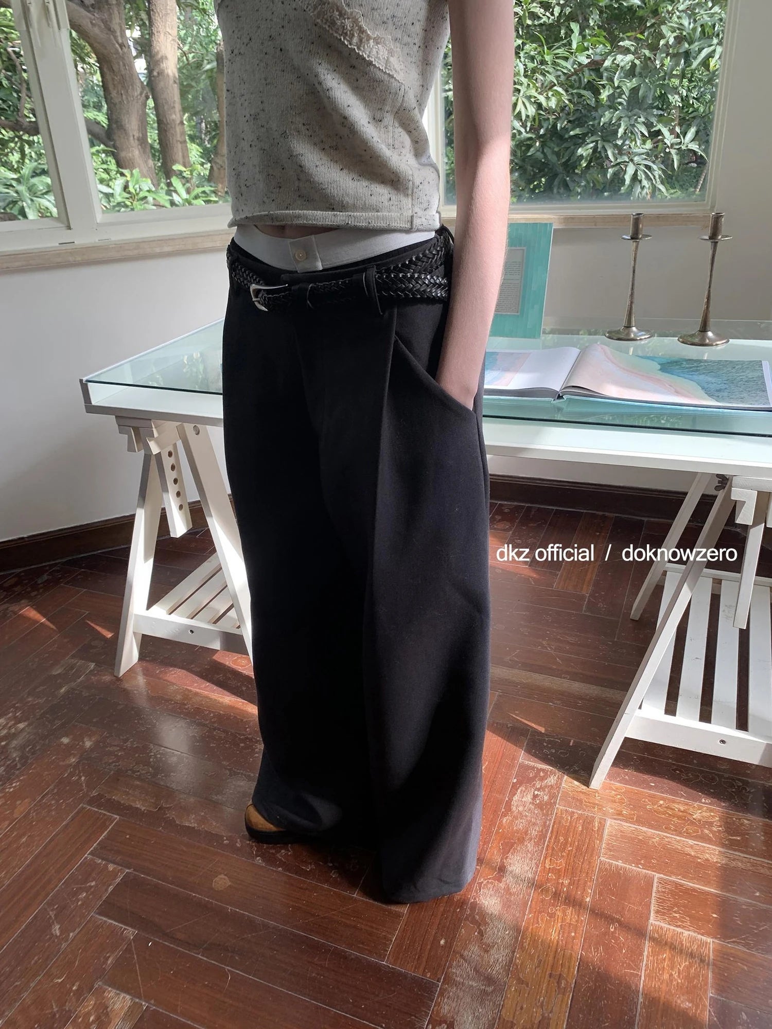 DKZ OFFICIAL Grey High Waisted Pleated Wide Leg Trousers