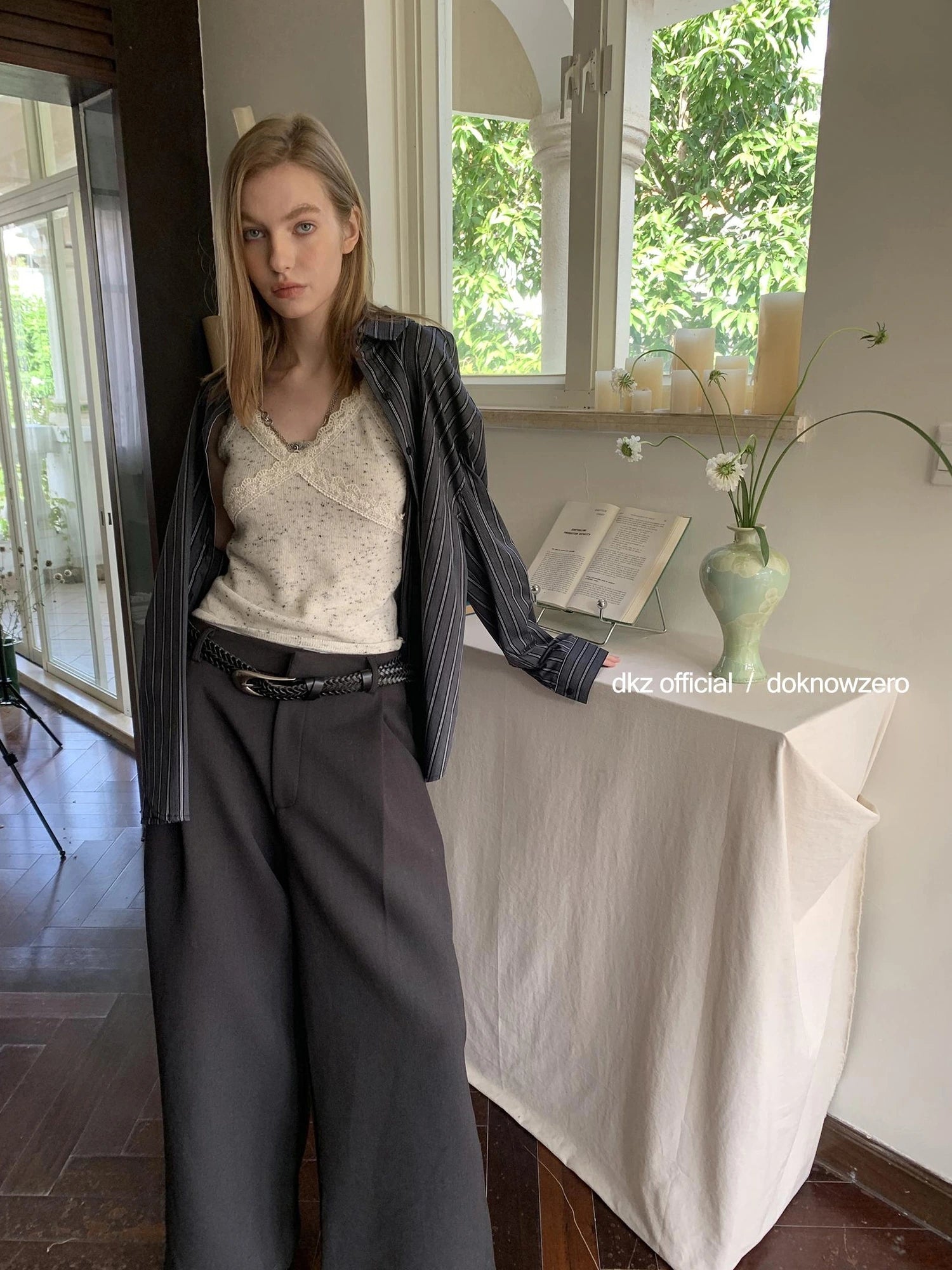 DKZ OFFICIAL Grey High Waisted Pleated Wide Leg Trousers