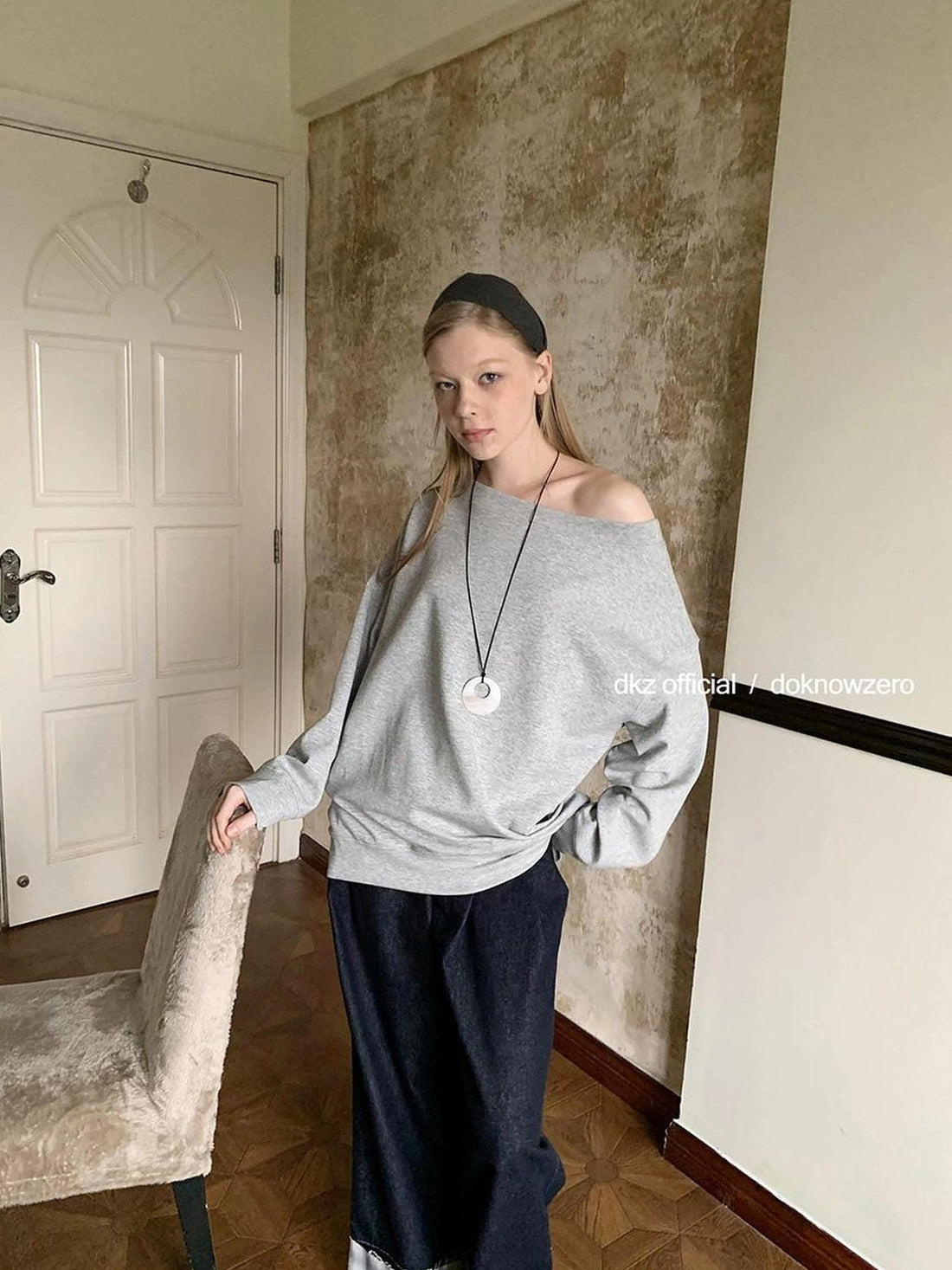 DKZ OFFICIAL Grey Off Shoulder Sweatshirt For Women Basic Fall Casual Top