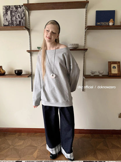 DKZ OFFICIAL Grey Off Shoulder Sweatshirt For Women Basic Fall Casual Top