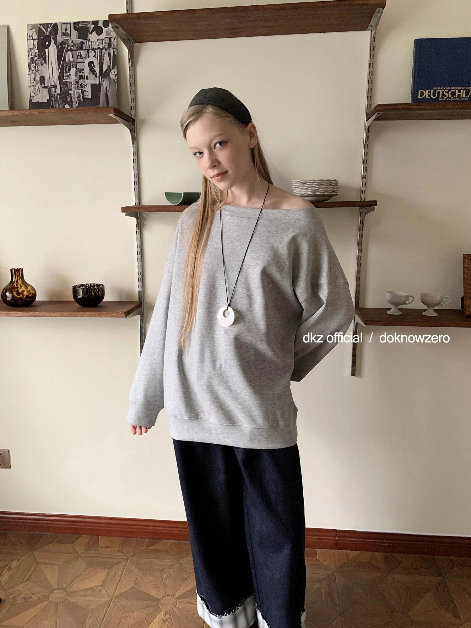 DKZ OFFICIAL Grey Off Shoulder Sweatshirt For Women Basic Fall Casual Top