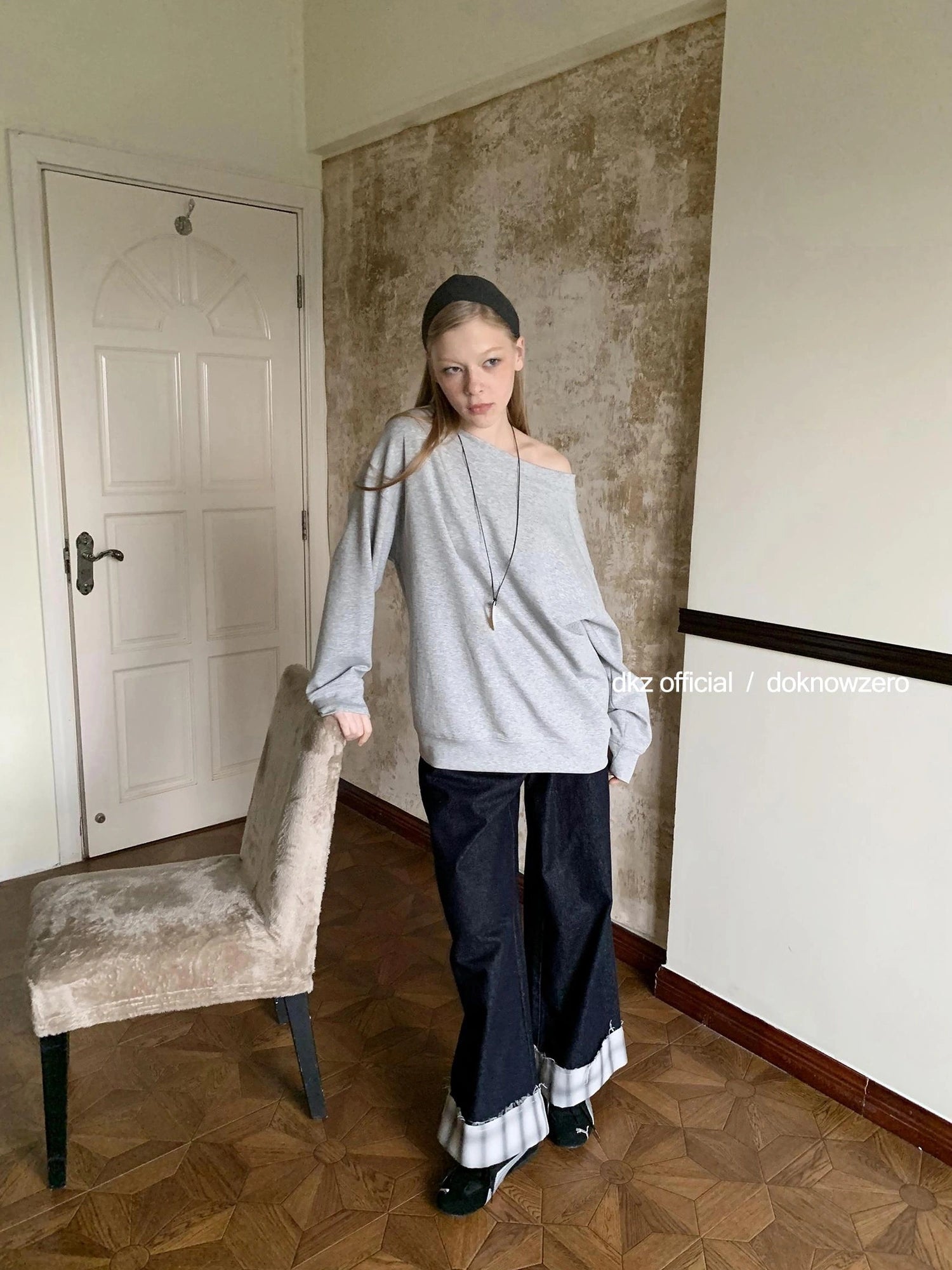 DKZ OFFICIAL Grey Off Shoulder Sweatshirt For Women Basic Fall Casual Top