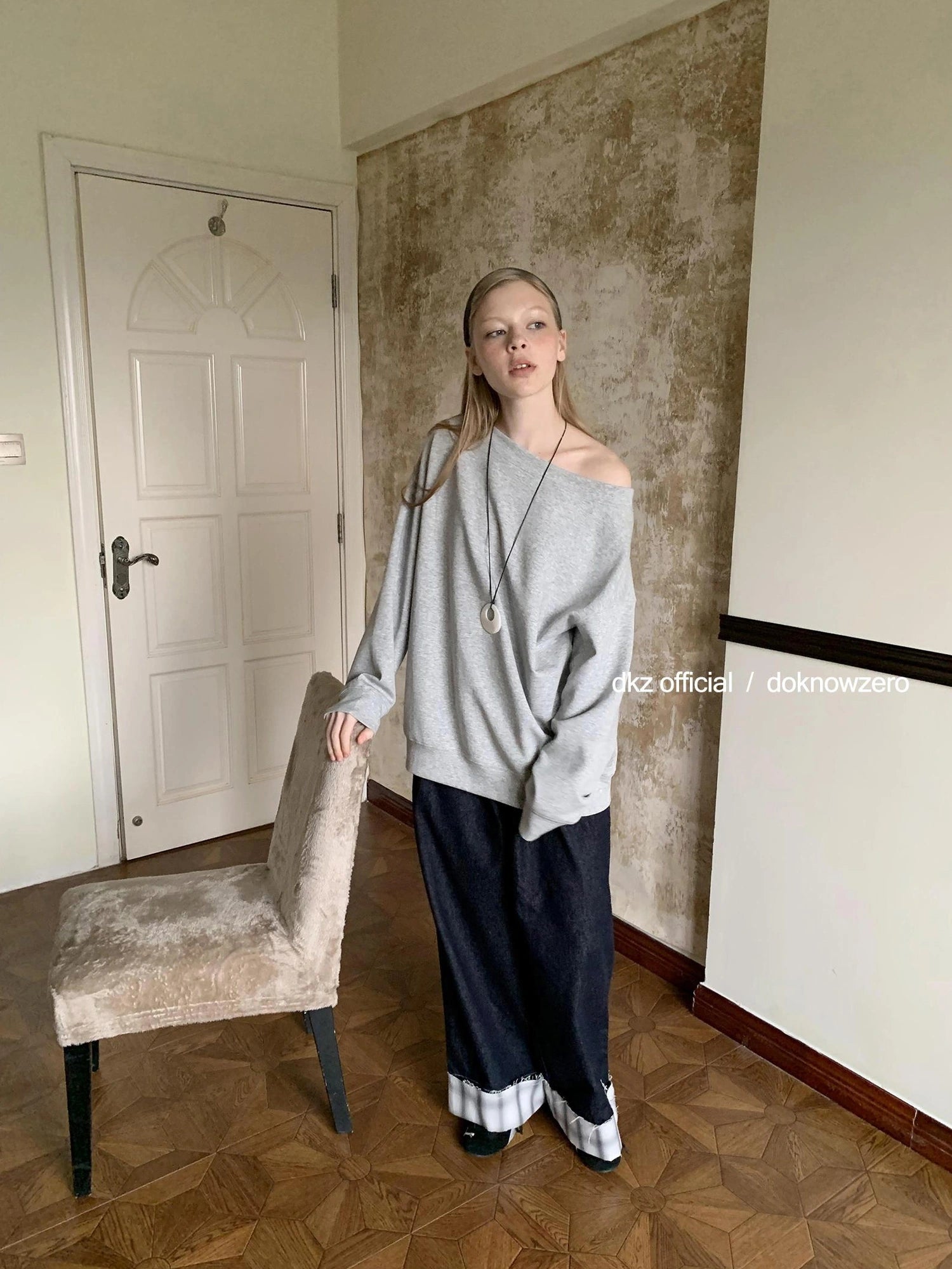 DKZ OFFICIAL Grey Off Shoulder Sweatshirt For Women Basic Fall Casual Top