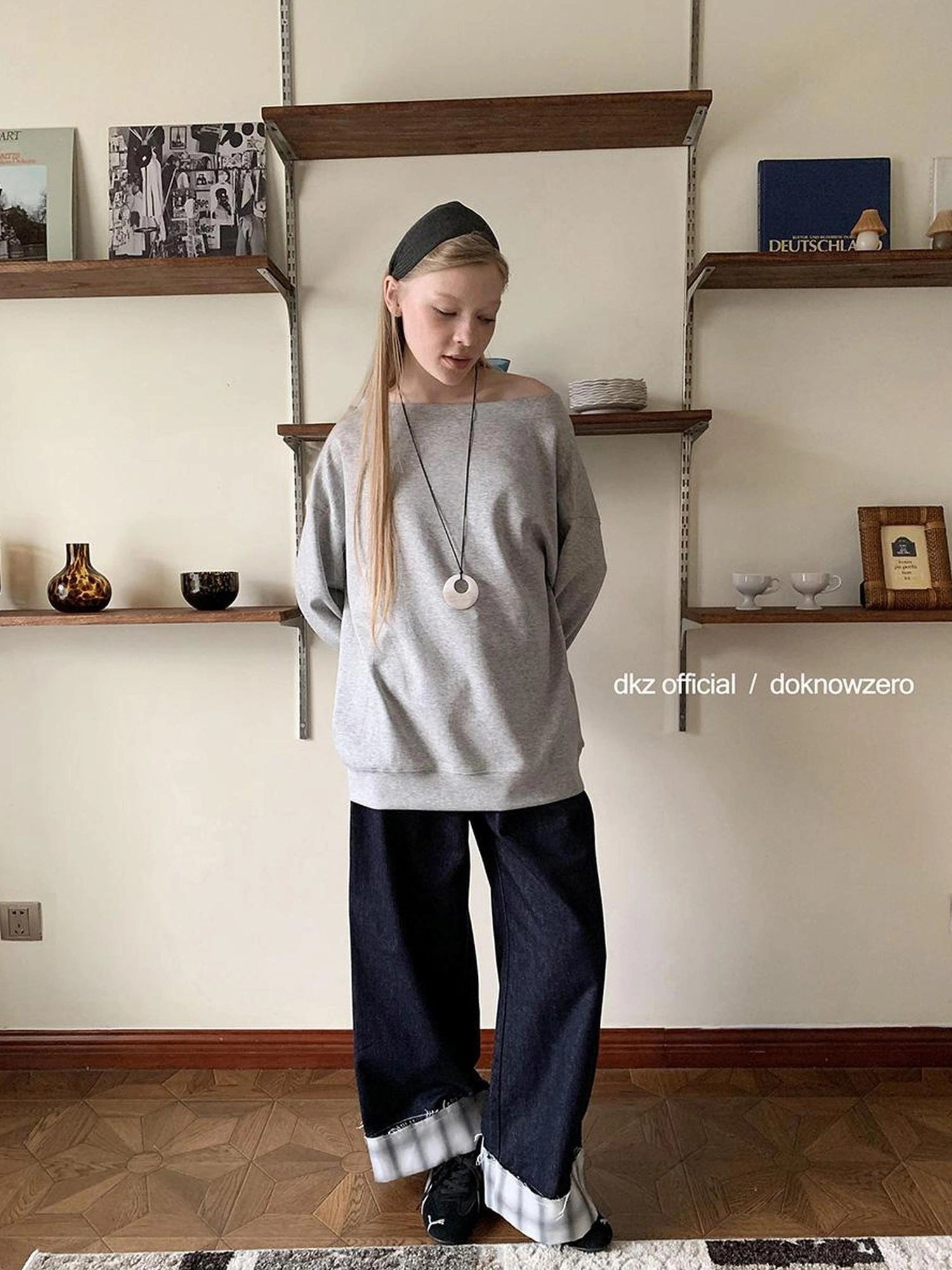 DKZ OFFICIAL Grey Off Shoulder Sweatshirt For Women Basic Fall Casual Top