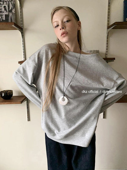 DKZ OFFICIAL Grey Off Shoulder Sweatshirt For Women Basic Fall Casual Top