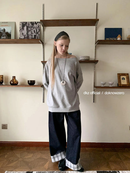 DKZ OFFICIAL Grey Off Shoulder Sweatshirt For Women Basic Fall Casual Top