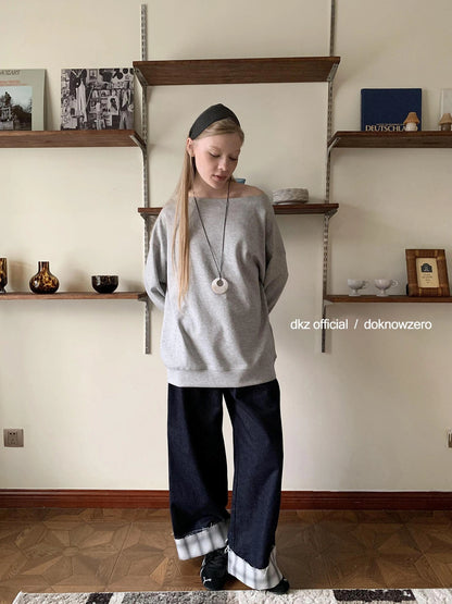 DKZ OFFICIAL Grey Off Shoulder Sweatshirt For Women Basic Fall Casual Top