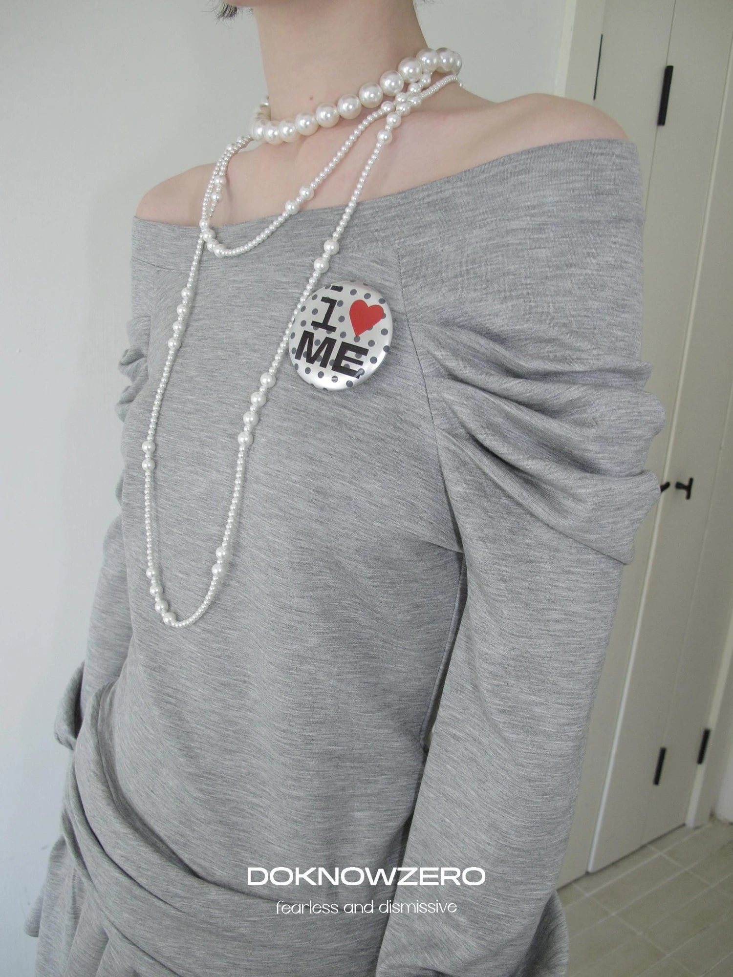DKZ OFFICIAL Grey One Shoulder Layered Long Sleeve Top With Emblem