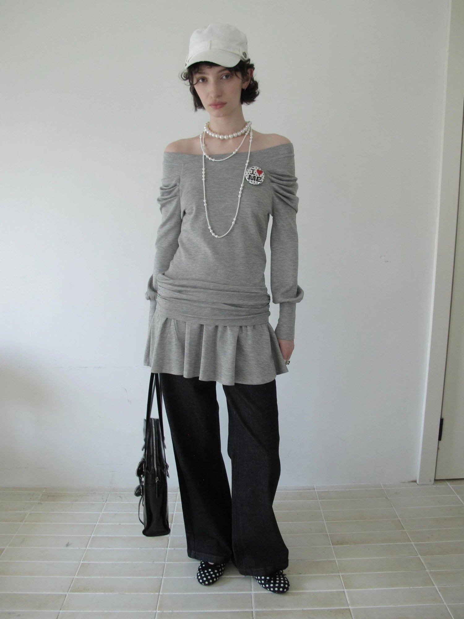 DKZ OFFICIAL Grey One Shoulder Layered Long Sleeve Top With Emblem