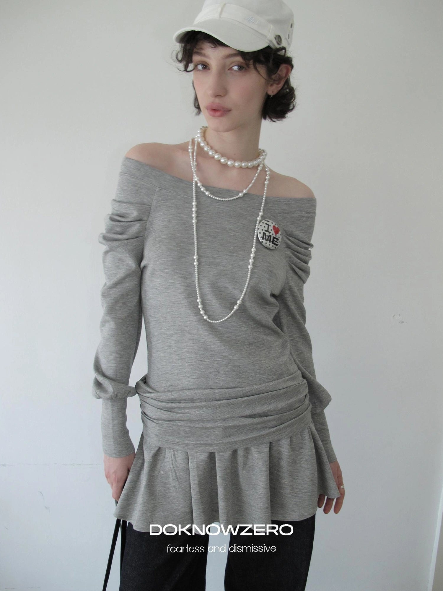 DKZ OFFICIAL Grey One Shoulder Layered Long Sleeve Top With Emblem