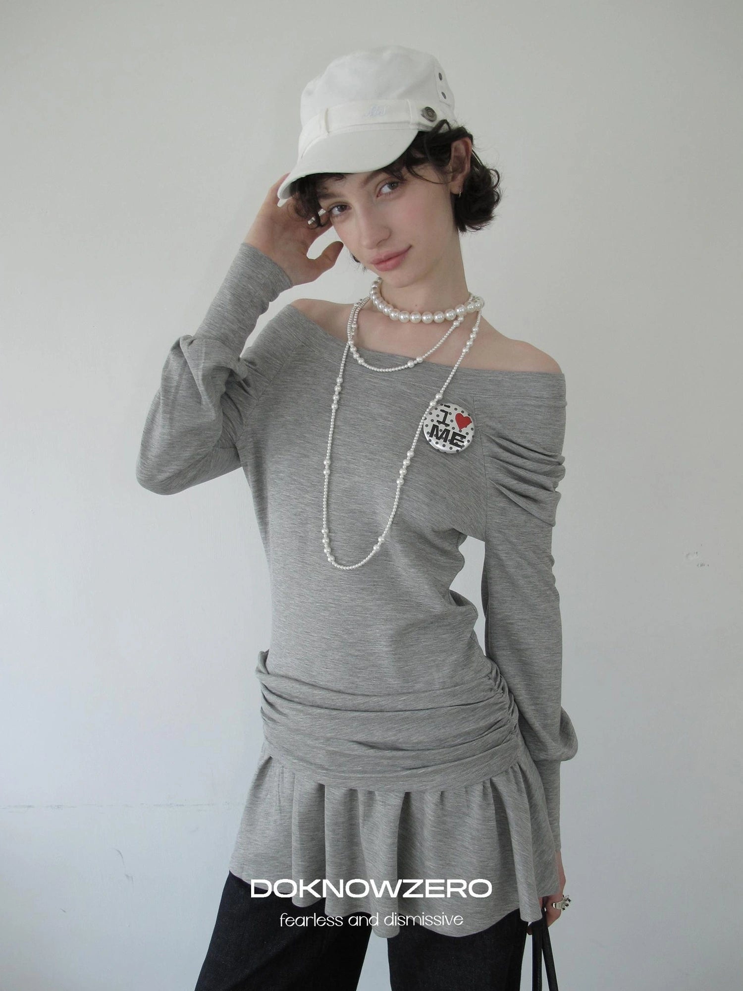 DKZ OFFICIAL Grey One Shoulder Layered Long Sleeve Top With Emblem