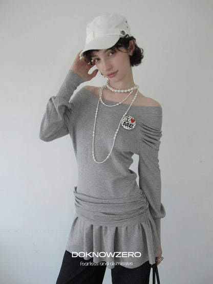 DKZ OFFICIAL Grey One Shoulder Layered Long Sleeve Top With Emblem