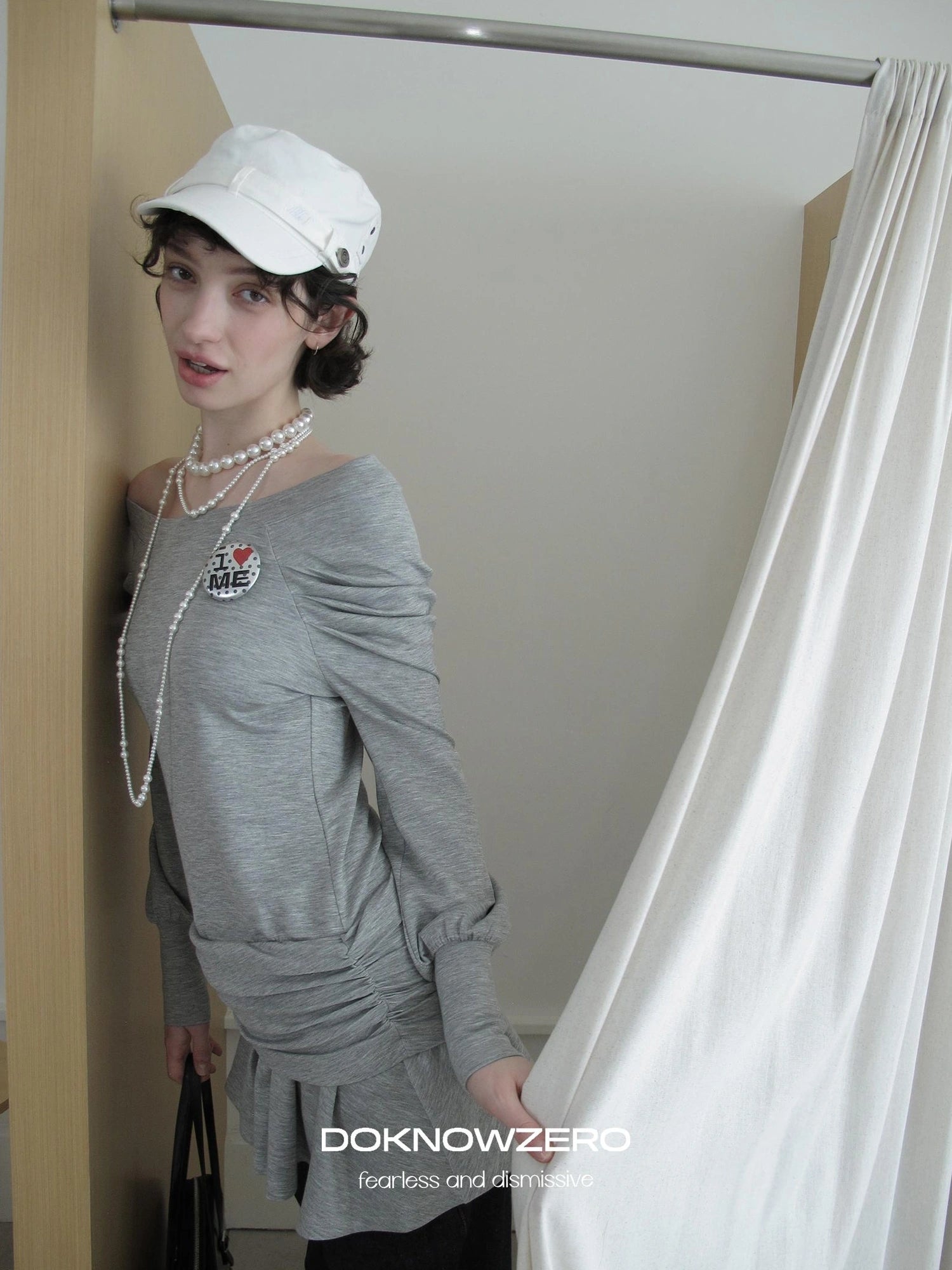 DKZ OFFICIAL Grey One Shoulder Layered Long Sleeve Top With Emblem