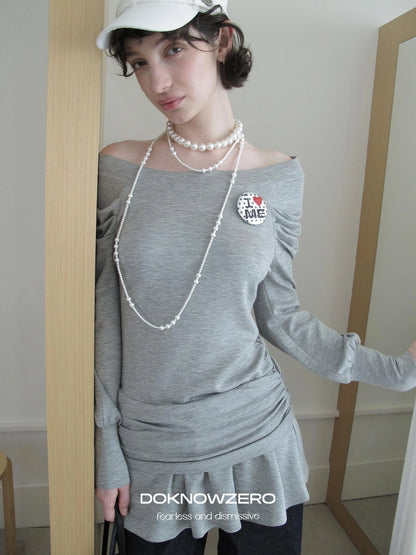 DKZ OFFICIAL Grey One Shoulder Layered Long Sleeve Top With Emblem