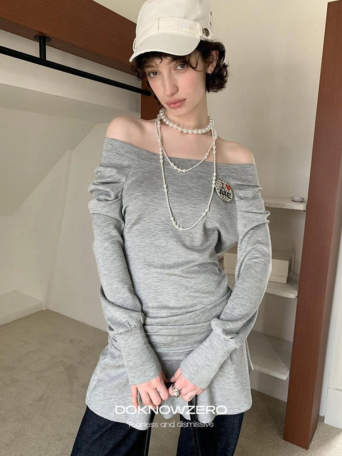 DKZ OFFICIAL Grey One Shoulder Layered Long Sleeve Top With Emblem