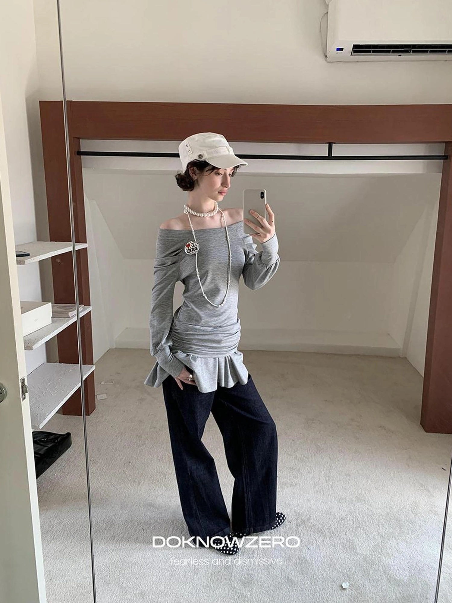 DKZ OFFICIAL Grey One Shoulder Layered Long Sleeve Top With Emblem