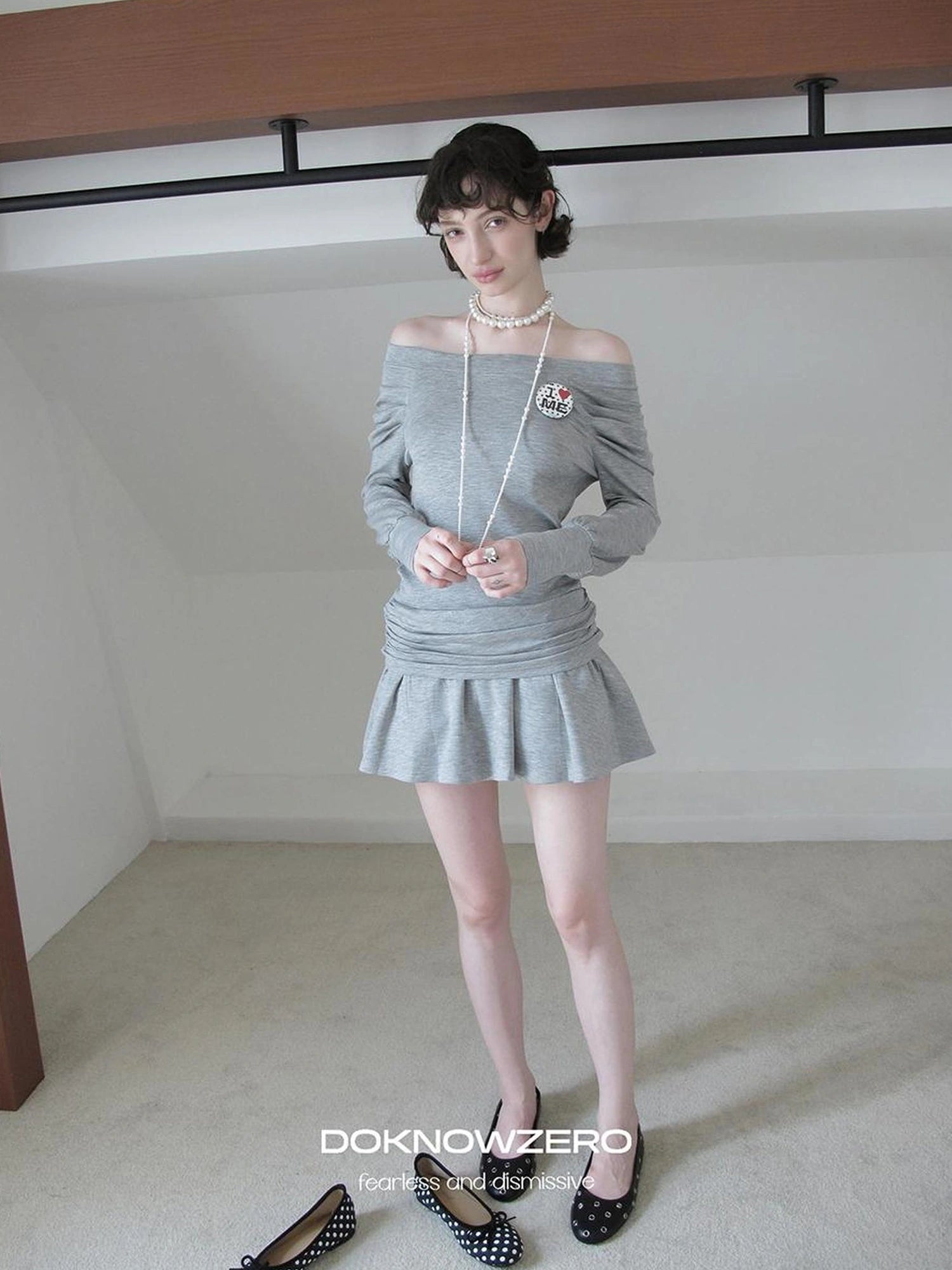 DKZ OFFICIAL Grey One Shoulder Layered Long Sleeve Top With Emblem