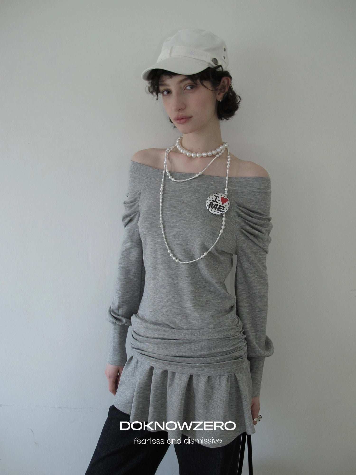 DKZ OFFICIAL Grey One Shoulder Layered Long Sleeve Top With Emblem