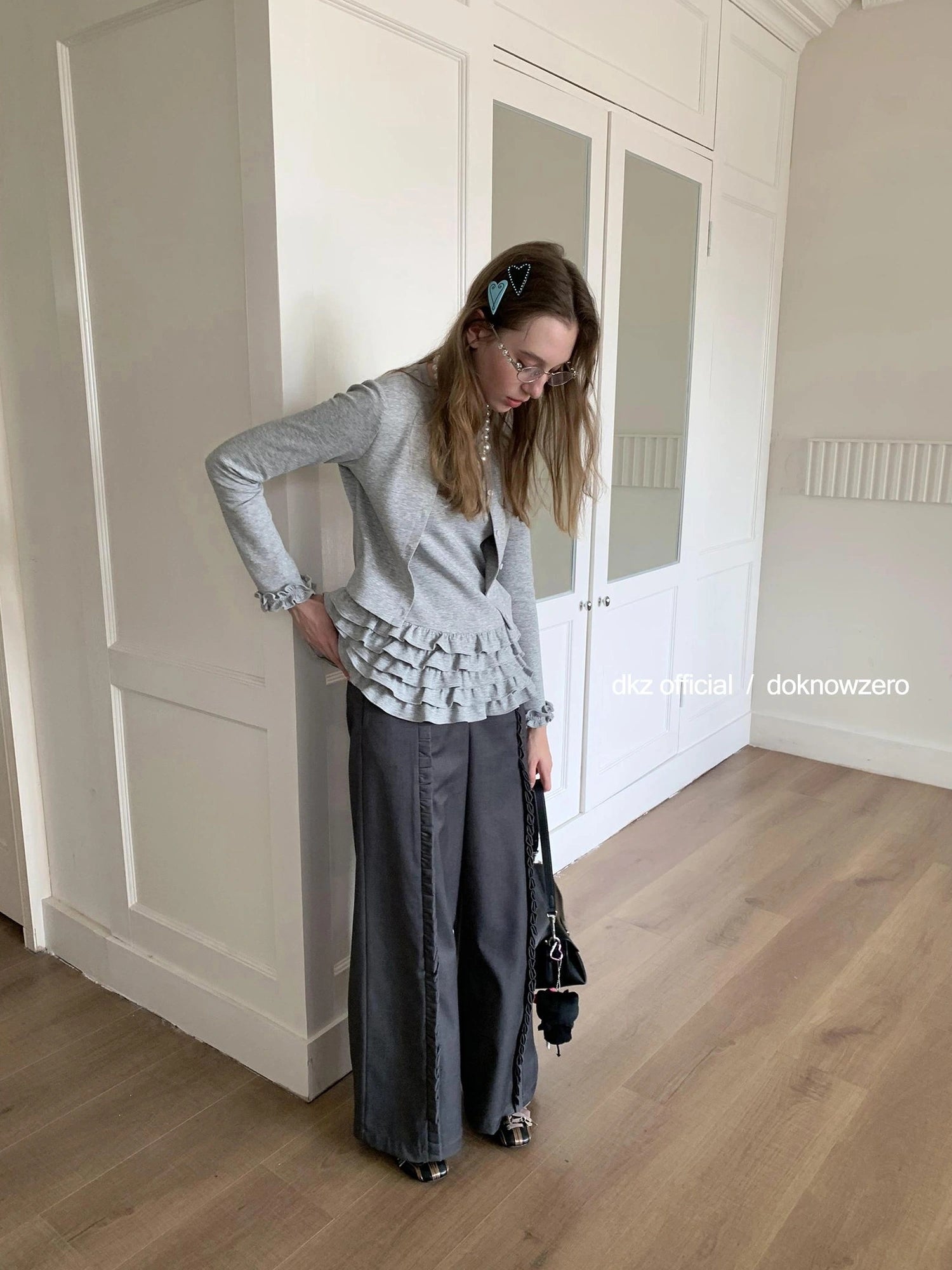 DKZ OFFICIAL Grey Peplum Hem Knit Cardigan Top For Women