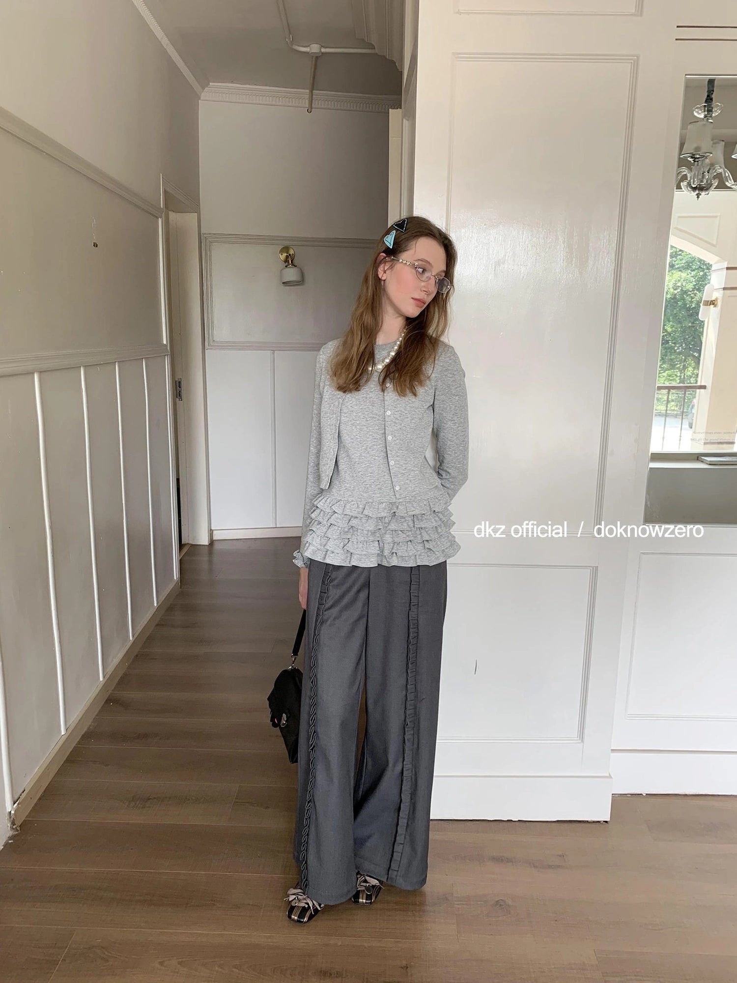 DKZ OFFICIAL Grey Peplum Hem Knit Cardigan Top For Women