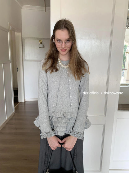 DKZ OFFICIAL Grey Peplum Hem Knit Cardigan Top For Women