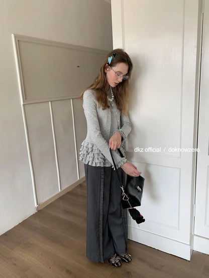 DKZ OFFICIAL Grey Peplum Hem Knit Cardigan Top For Women