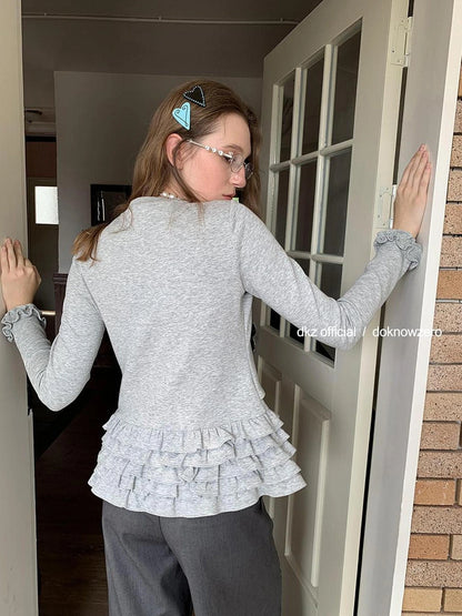 DKZ OFFICIAL Grey Peplum Hem Knit Cardigan Top For Women