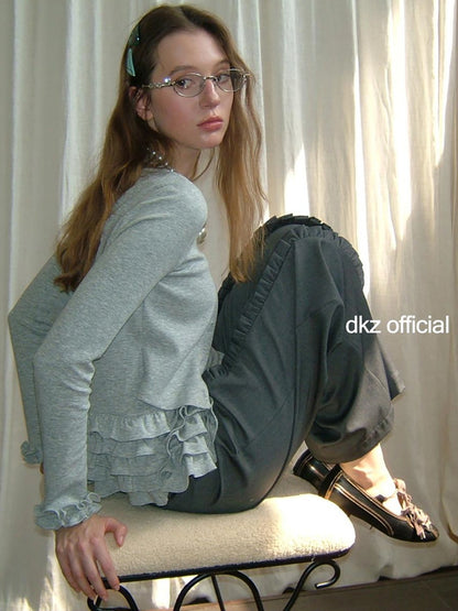 DKZ OFFICIAL Grey Peplum Hem Knit Cardigan Top For Women