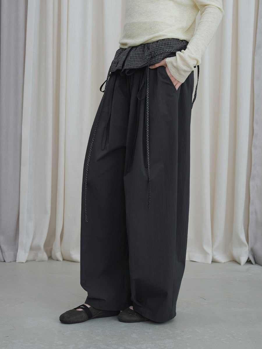 DKZ_OFFICIAL_Grey_Plaid_Spliced_Foldover_Waist_Relaxed_Women&