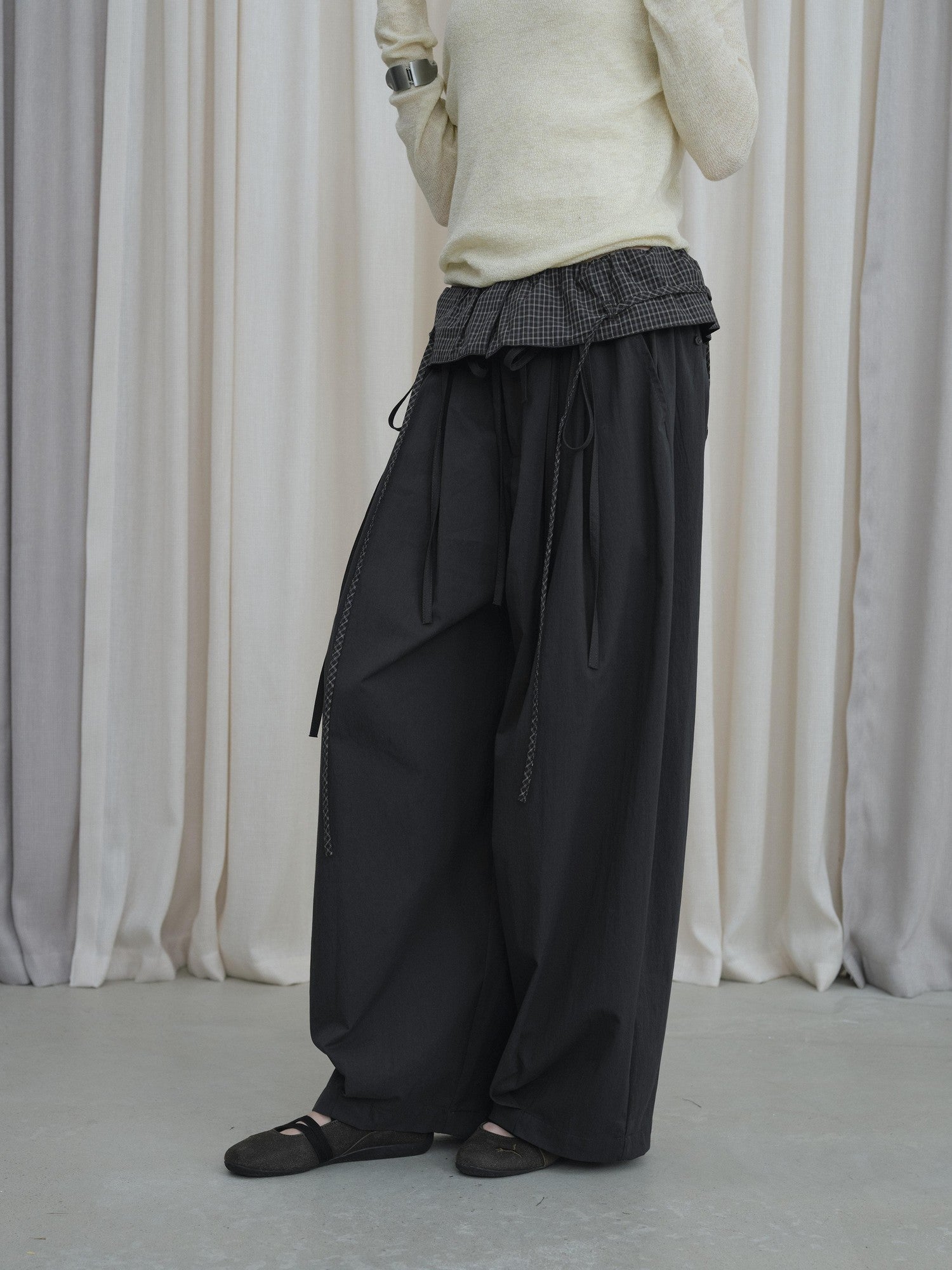 DKZ OFFICIAL Grey Plaid Spliced Foldover Waist Relaxed Women&