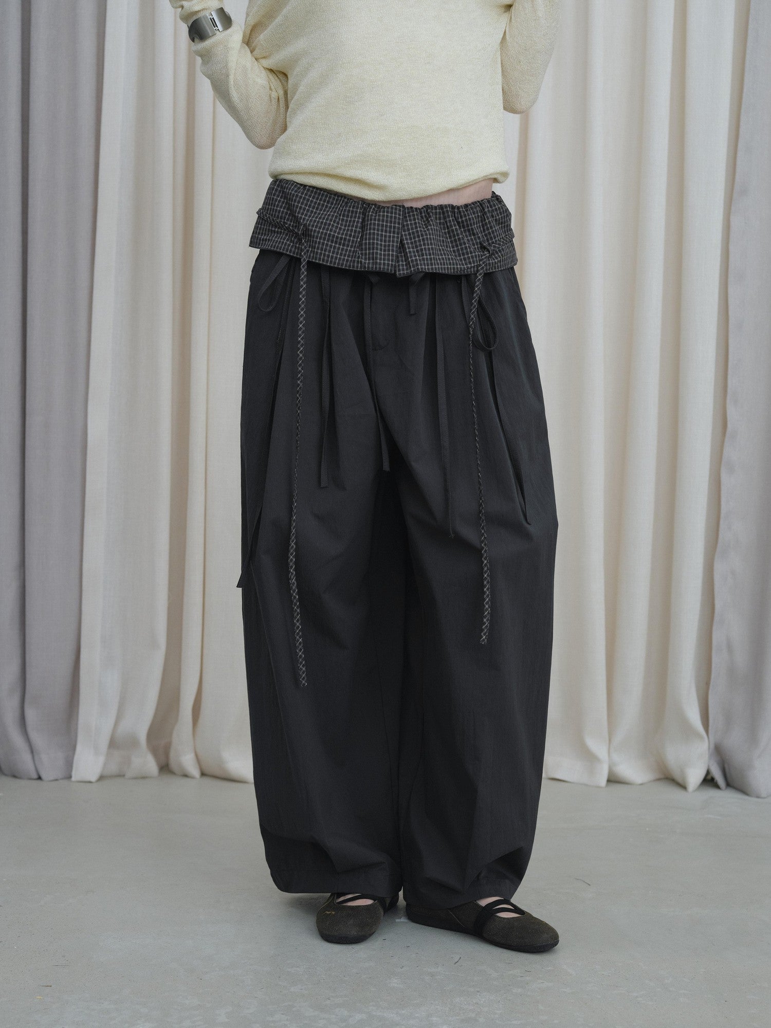 DKZ OFFICIAL Grey Plaid Spliced Foldover Waist Relaxed Women&