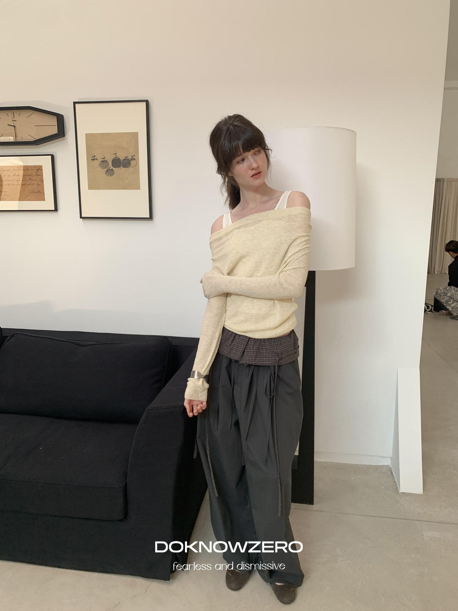 DKZ OFFICIAL Grey Plaid Spliced Foldover Waist Relaxed Women&